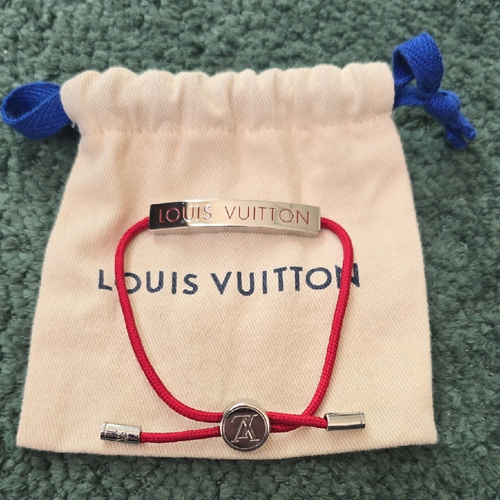 Louis Vuitton Red Cord Bracelet with Silver ID Bar